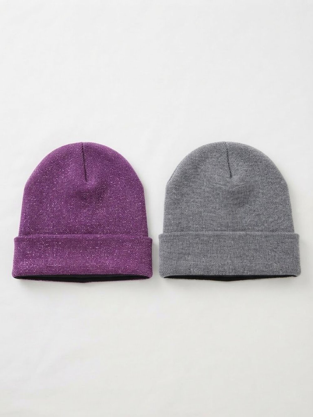 Bundle Set of 2 Winter Beanie Hats Sparkly Purple & Grey Unisex One SIze Ski EUC